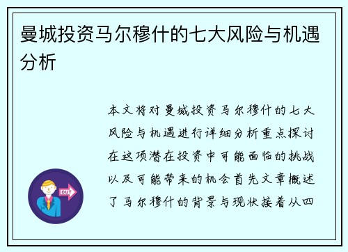 曼城投资马尔穆什的七大风险与机遇分析